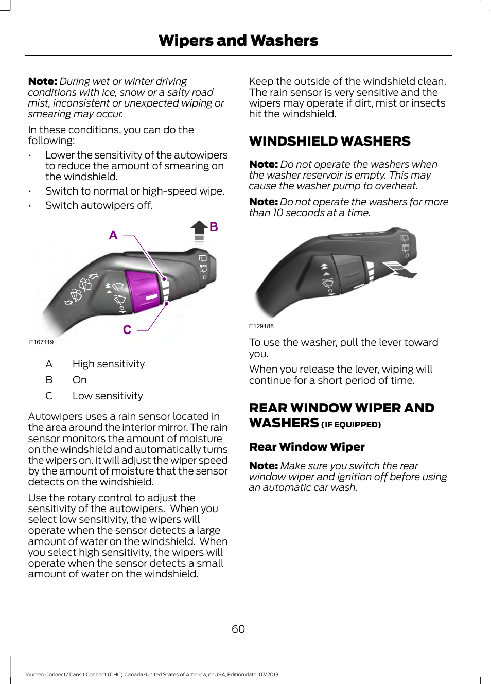 Windshield washers, Rear window wiper and washers, Windshield washers rear window wiper and washers | Wipers and washers, Ca b | FORD 2014 Transit Connect v.2 User Manual | Page 63 / 404