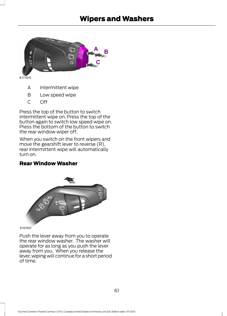 Wipers and washers, Ab c | FORD 2014 Transit Connect v.2 User Manual | Page 64 / 404