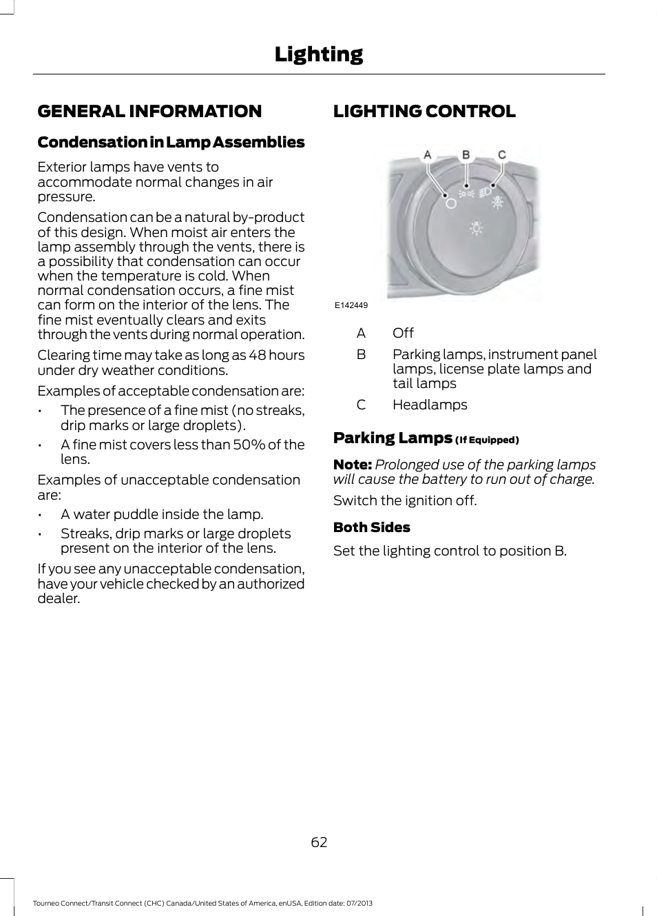 Lighting, General information, Lighting control | General information lighting control | FORD 2014 Transit Connect v.2 User Manual | Page 65 / 404