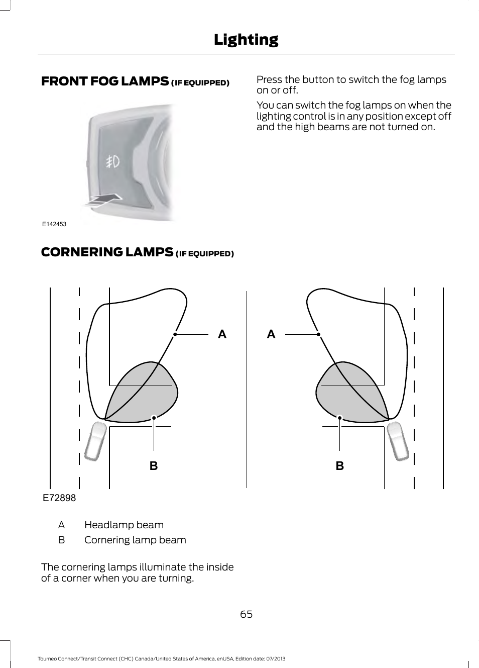 Front fog lamps, Cornering lamps, Front fog lamps cornering lamps | Lighting, Ba b a | FORD 2014 Transit Connect v.2 User Manual | Page 68 / 404