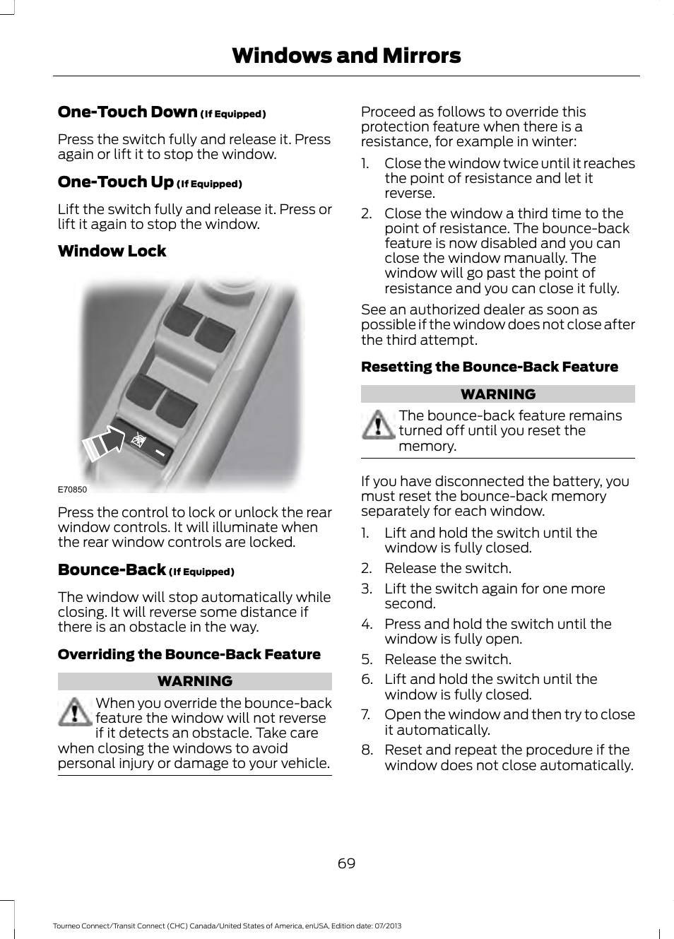 Windows and mirrors | FORD 2014 Transit Connect v.2 User Manual | Page 72 / 404