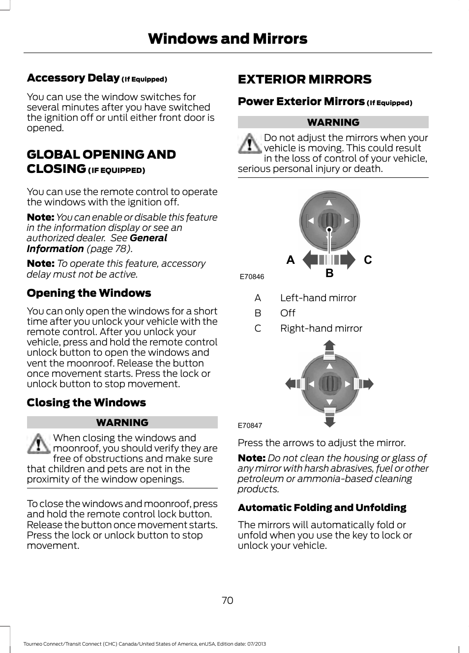 Global opening and closing, Exterior mirrors, Global opening and closing exterior mirrors | Windows and mirrors, Ac b | FORD 2014 Transit Connect v.2 User Manual | Page 73 / 404