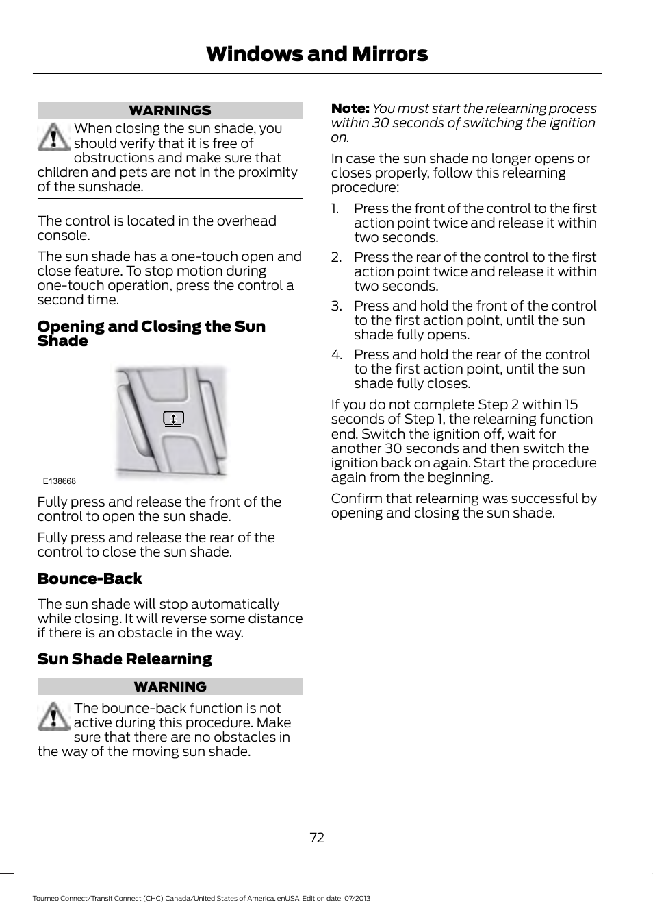 Windows and mirrors | FORD 2014 Transit Connect v.2 User Manual | Page 75 / 404