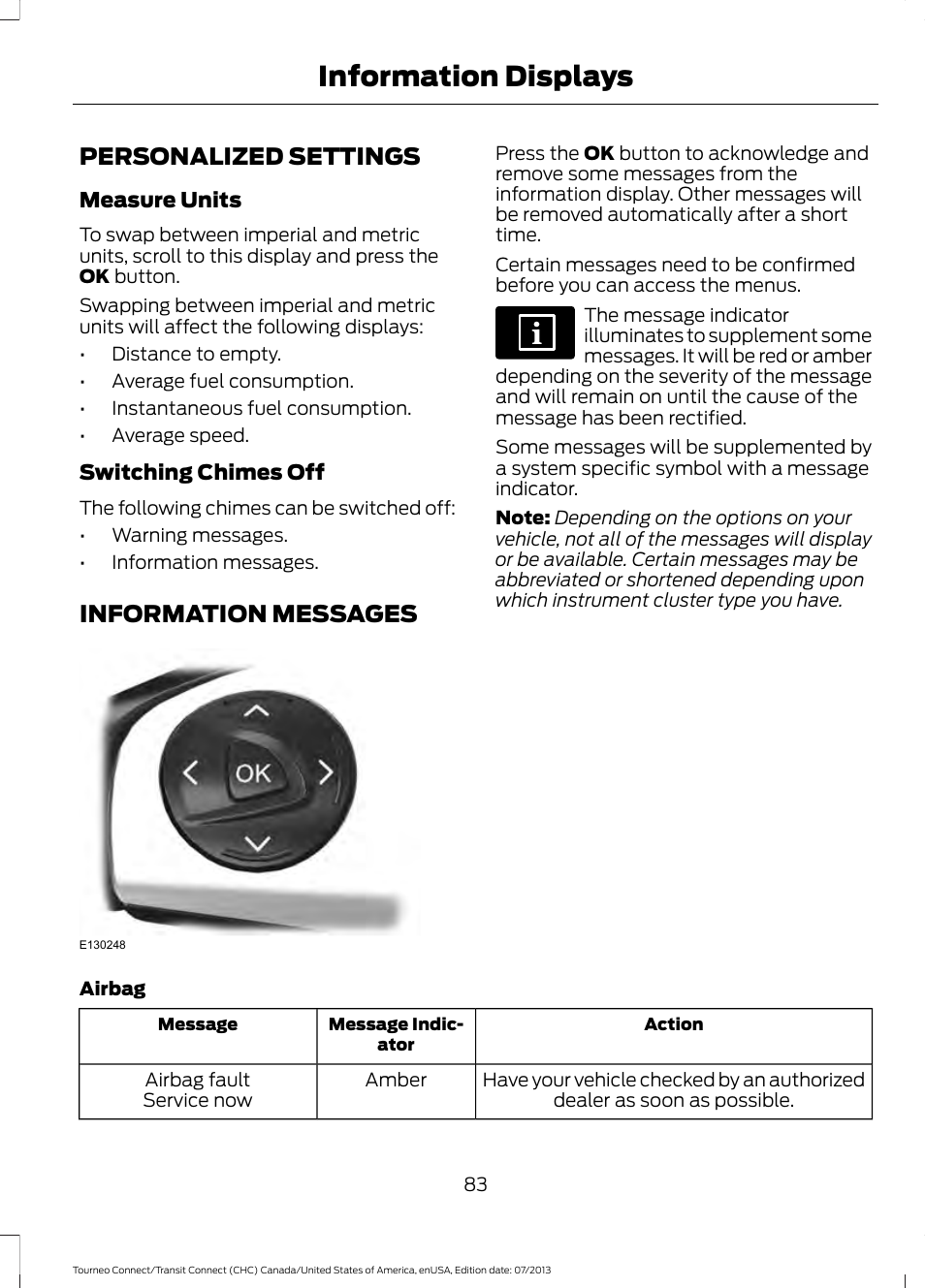 Personalized settings, Information messages, Personalized settings information messages | Information displays | FORD 2014 Transit Connect v.2 User Manual | Page 86 / 404