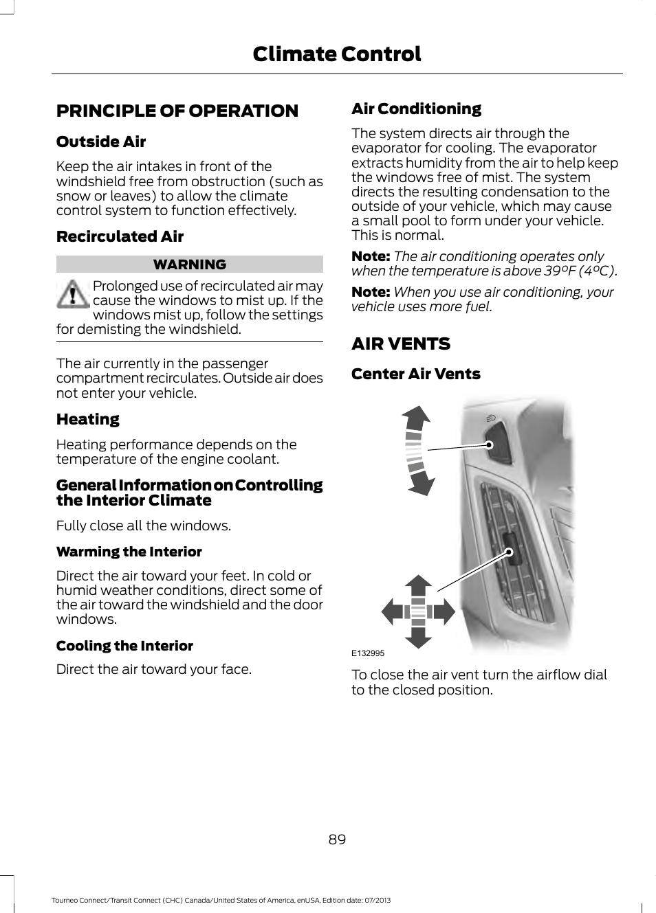 Climate control, Principle of operation, Air vents | Principle of operation air vents | FORD 2014 Transit Connect v.2 User Manual | Page 92 / 404