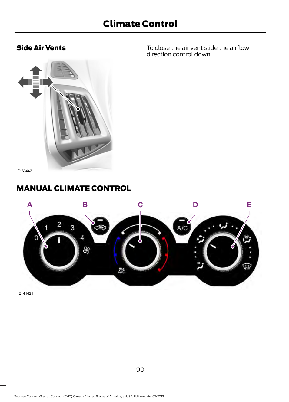 Manual climate control, Climate control, Ae b d c | FORD 2014 Transit Connect v.2 User Manual | Page 93 / 404
