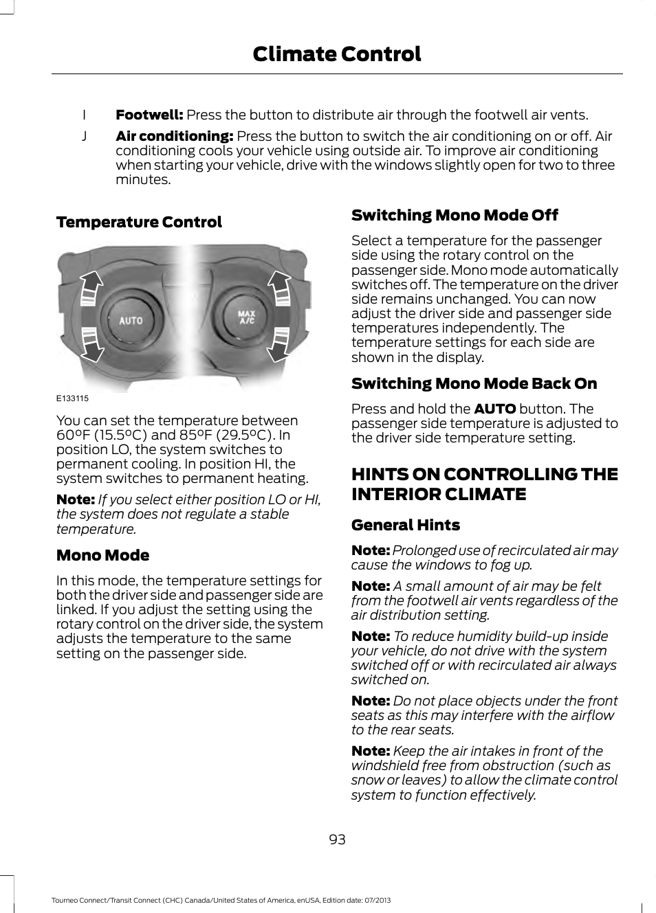 Hints on controlling the interior climate, Hints on controlling the interior, Climate | Climate control | FORD 2014 Transit Connect v.2 User Manual | Page 96 / 404