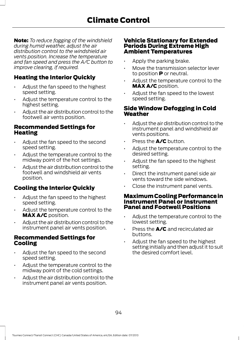 Climate control | FORD 2014 Transit Connect v.2 User Manual | Page 97 / 404