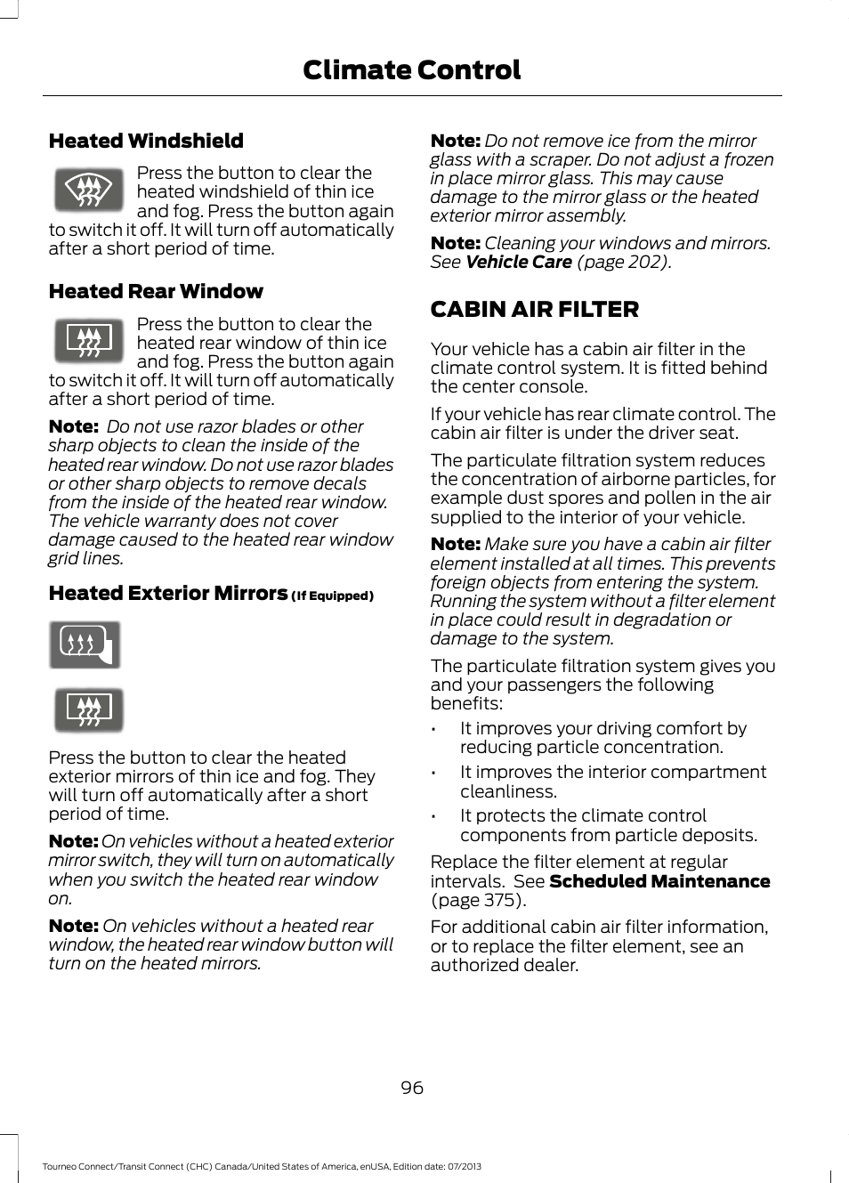 Cabin air filter, Climate control | FORD 2014 Transit Connect v.2 User Manual | Page 99 / 404
