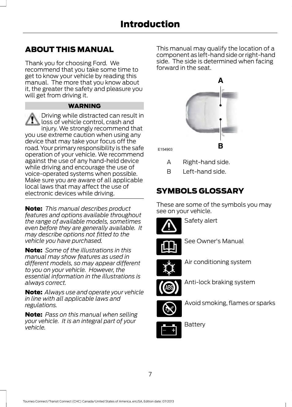 Introduction, About this manual, Symbols glossary | About this manual symbols glossary | FORD 2014 Transit Connect v.3 User Manual | Page 10 / 411