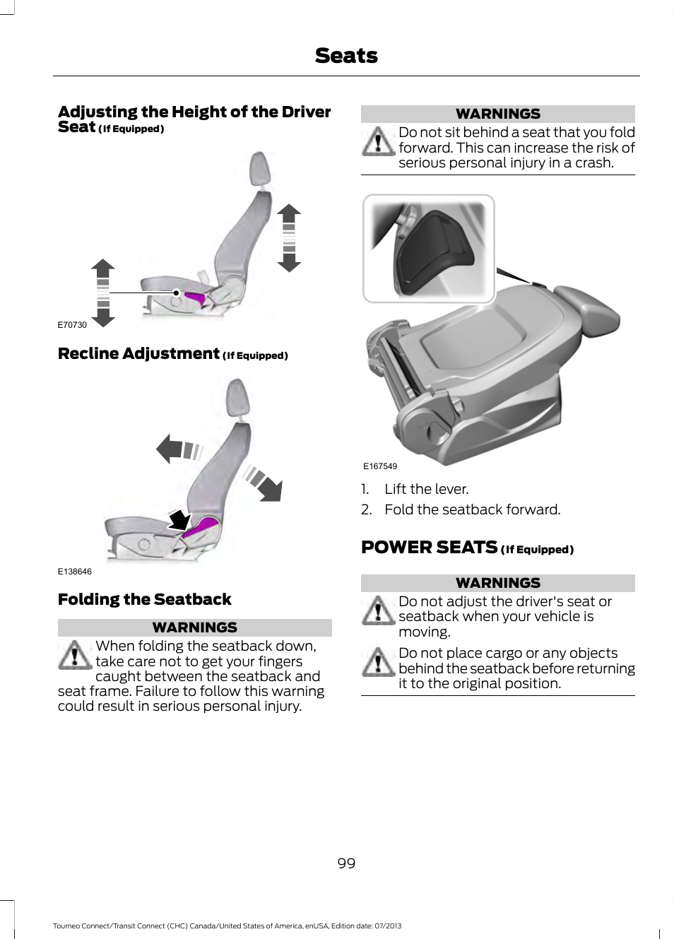 Power seats, Seats | FORD 2014 Transit Connect v.3 User Manual | Page 102 / 411