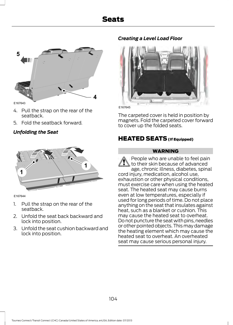 Heated seats, Seats | FORD 2014 Transit Connect v.3 User Manual | Page 107 / 411