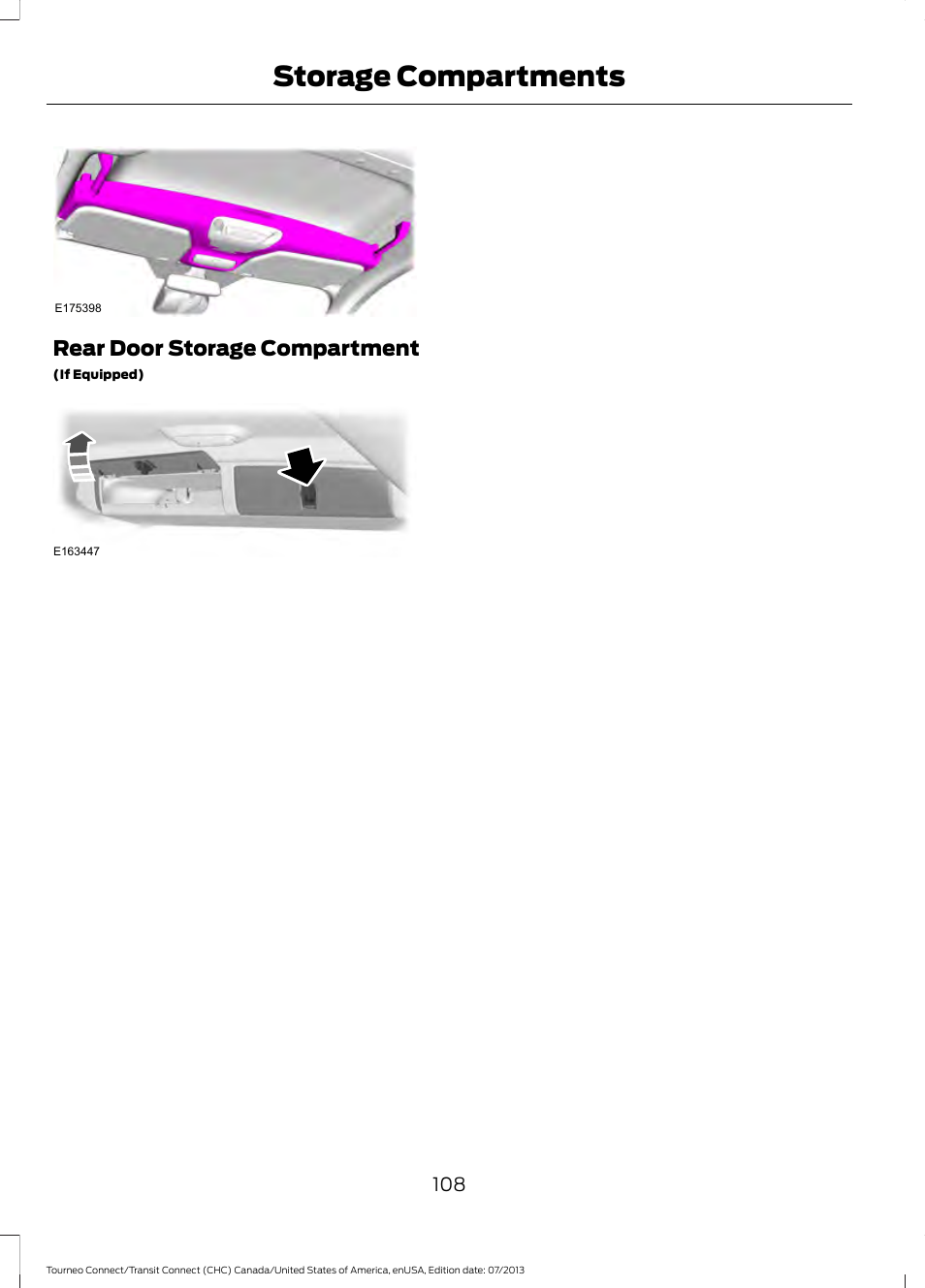 Storage compartments, Rear door storage compartment | FORD 2014 Transit Connect v.3 User Manual | Page 111 / 411