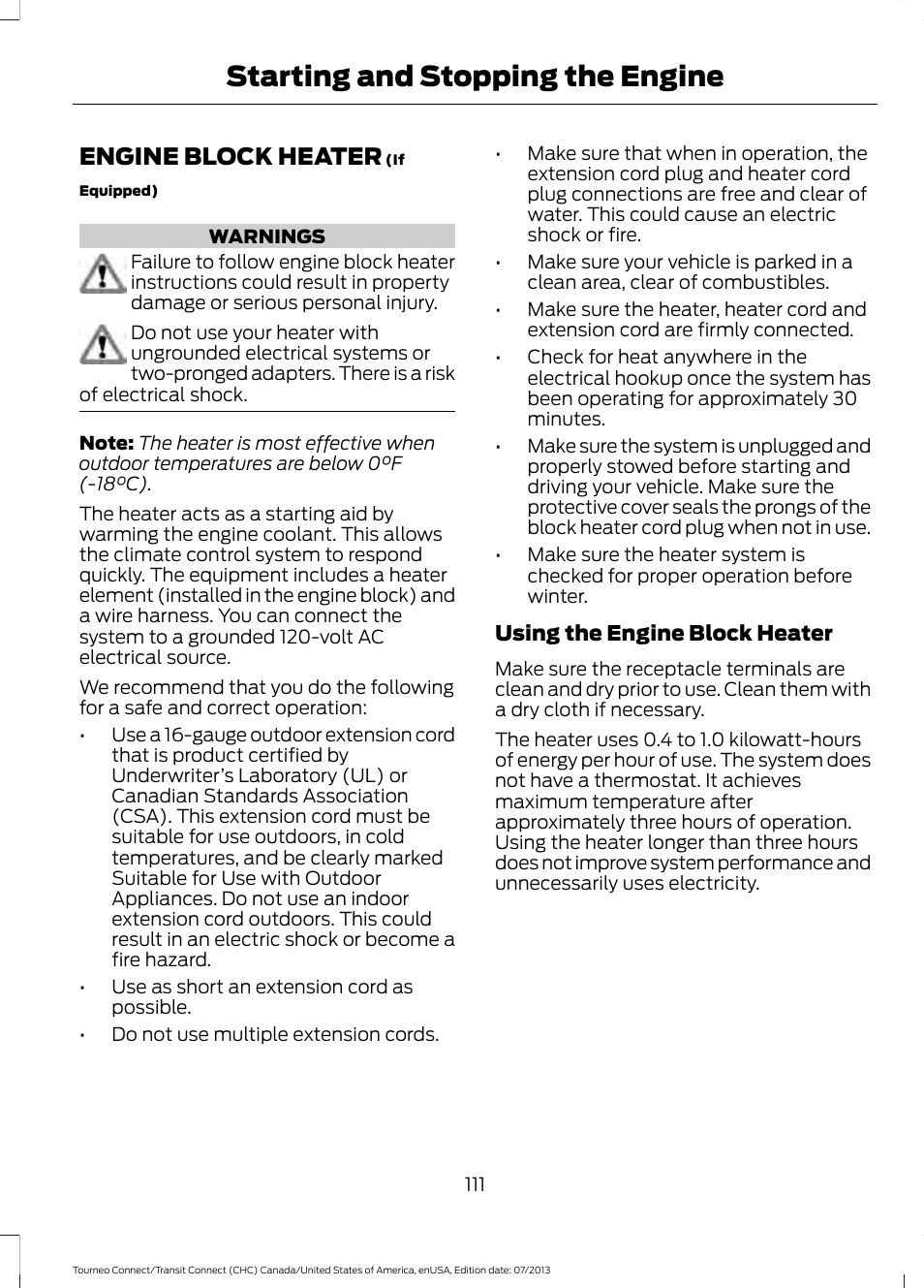 Engine block heater, Starting and stopping the engine | FORD 2014 Transit Connect v.3 User Manual | Page 114 / 411