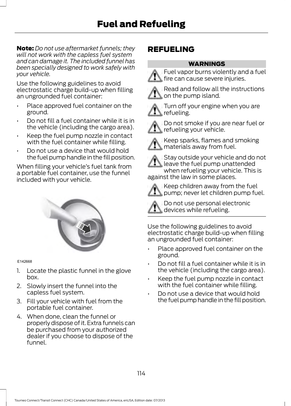 Refueling, Fuel and refueling | FORD 2014 Transit Connect v.3 User Manual | Page 117 / 411