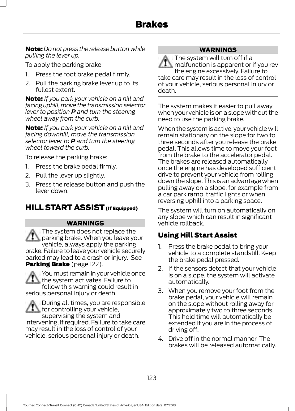 Hill start assist, Brakes | FORD 2014 Transit Connect v.3 User Manual | Page 126 / 411