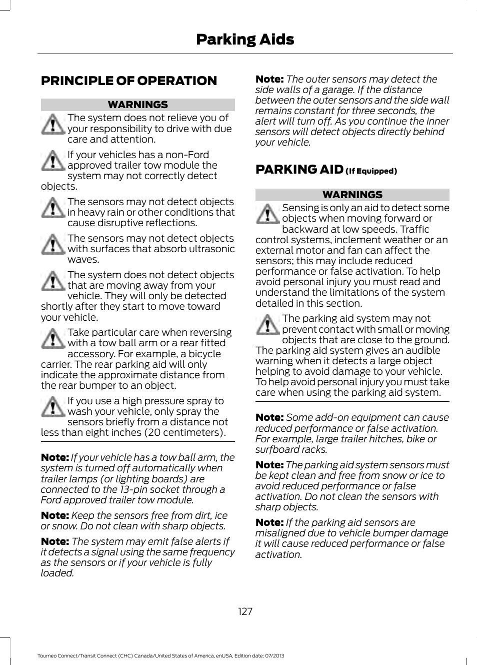 Parking aids, Principle of operation, Parking aid | Principle of operation parking aid | FORD 2014 Transit Connect v.3 User Manual | Page 130 / 411