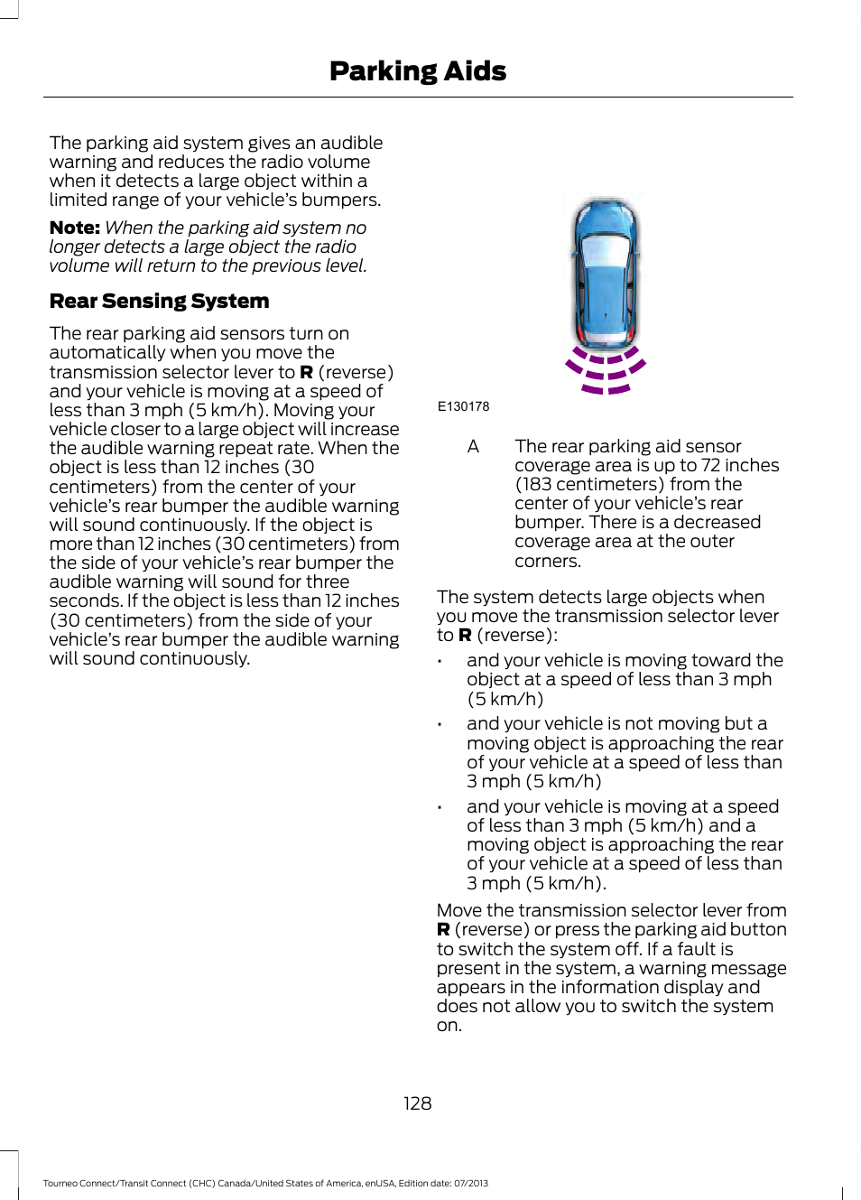 Parking aids | FORD 2014 Transit Connect v.3 User Manual | Page 131 / 411