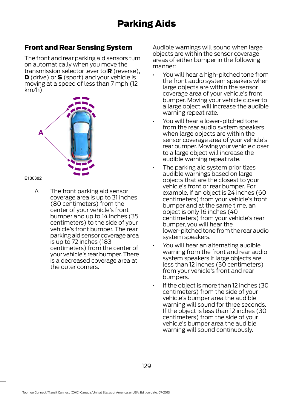 Parking aids | FORD 2014 Transit Connect v.3 User Manual | Page 132 / 411