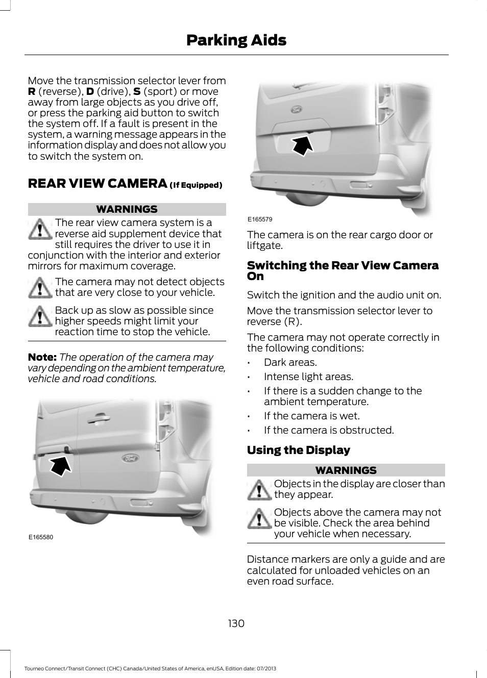 Rear view camera, Parking aids | FORD 2014 Transit Connect v.3 User Manual | Page 133 / 411