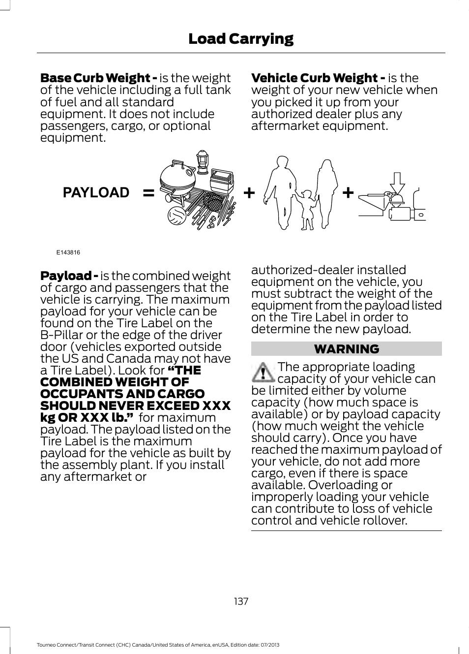 Payload, Load carrying | FORD 2014 Transit Connect v.3 User Manual | Page 140 / 411