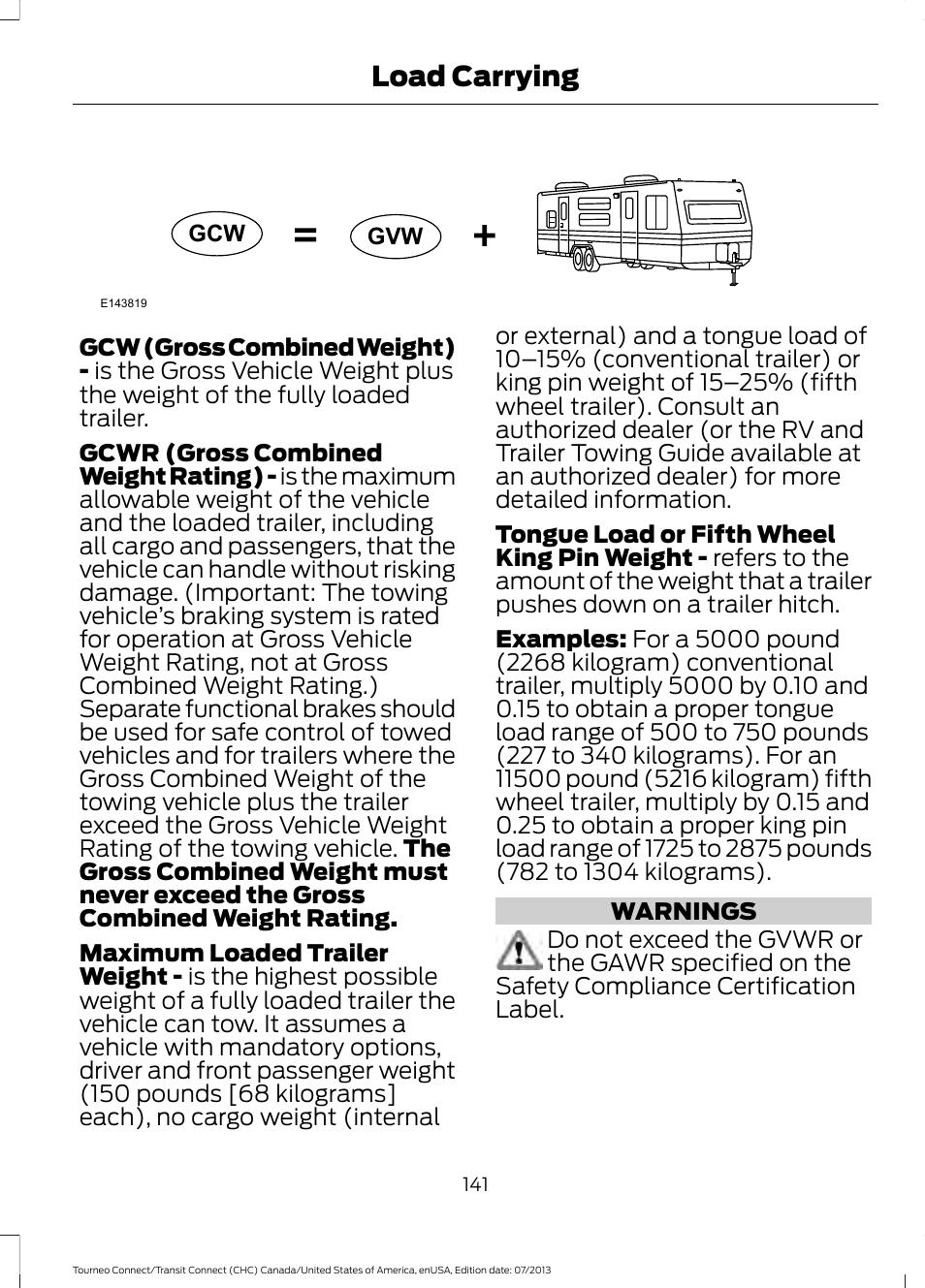 Load carrying | FORD 2014 Transit Connect v.3 User Manual | Page 144 / 411