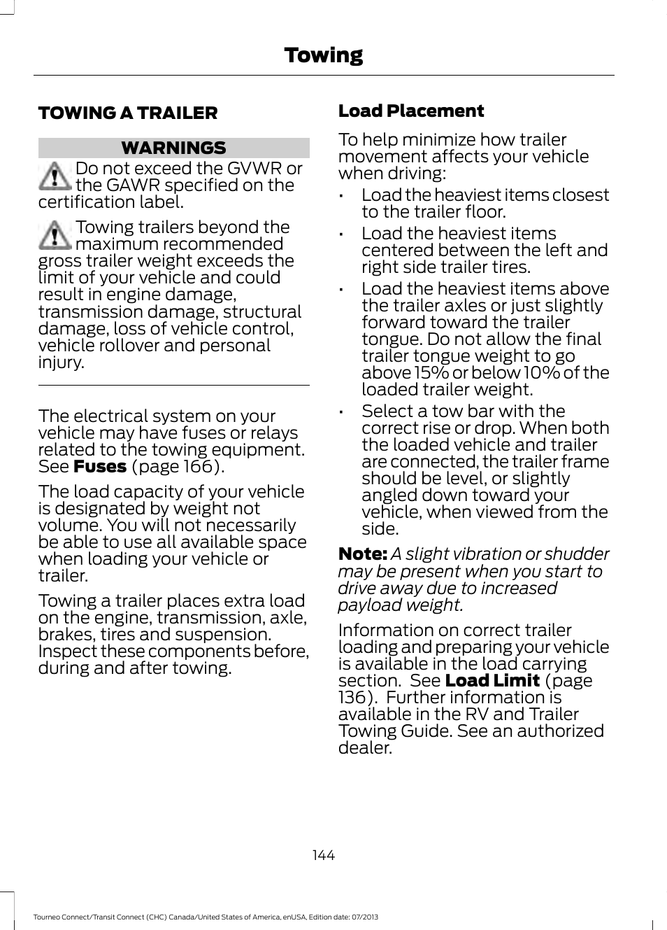 Towing, Towing a trailer | FORD 2014 Transit Connect v.3 User Manual | Page 147 / 411