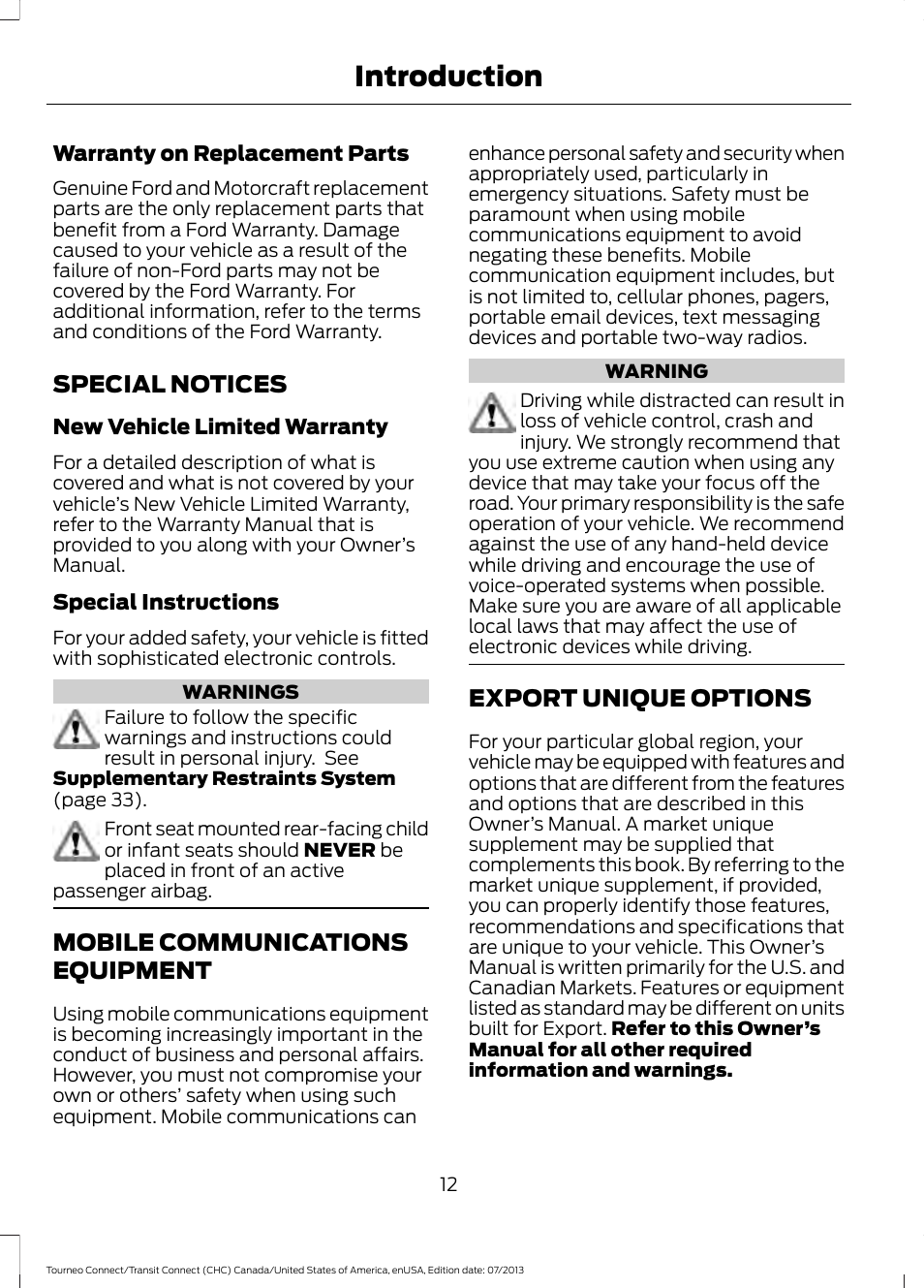 Special notices, Mobile communications equipment, Export unique options | Special notices mobile communications, Equipment, Introduction | FORD 2014 Transit Connect v.3 User Manual | Page 15 / 411