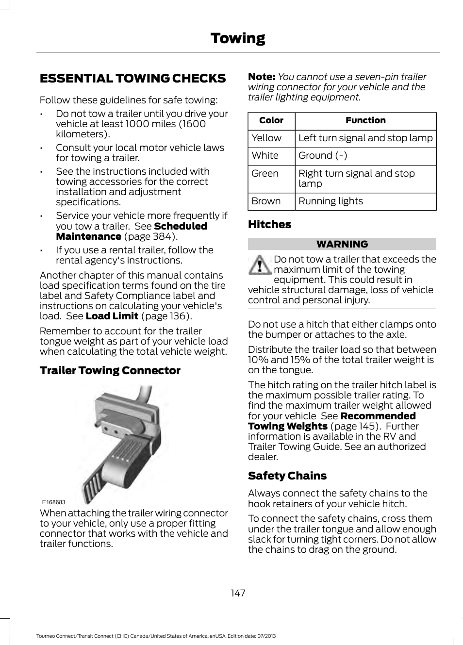 Essential towing checks, Towing | FORD 2014 Transit Connect v.3 User Manual | Page 150 / 411