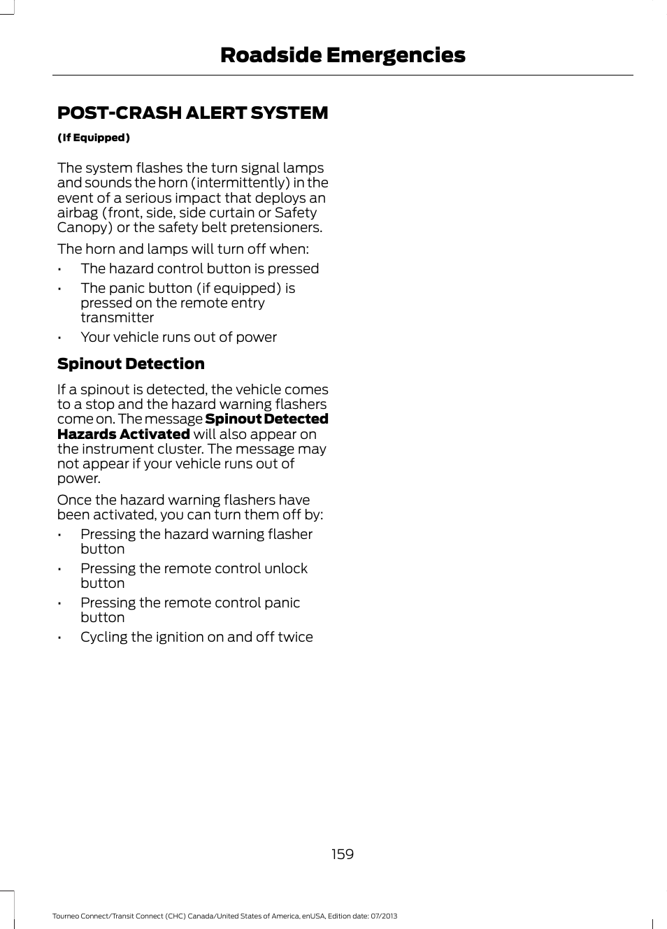 Post-crash alert system, Roadside emergencies | FORD 2014 Transit Connect v.3 User Manual | Page 162 / 411