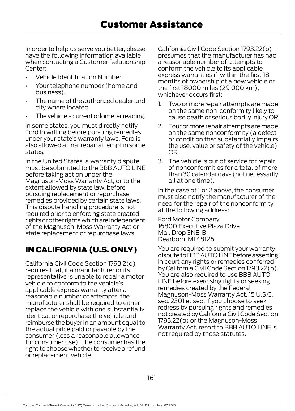 In california (u.s. only), Customer assistance | FORD 2014 Transit Connect v.3 User Manual | Page 164 / 411