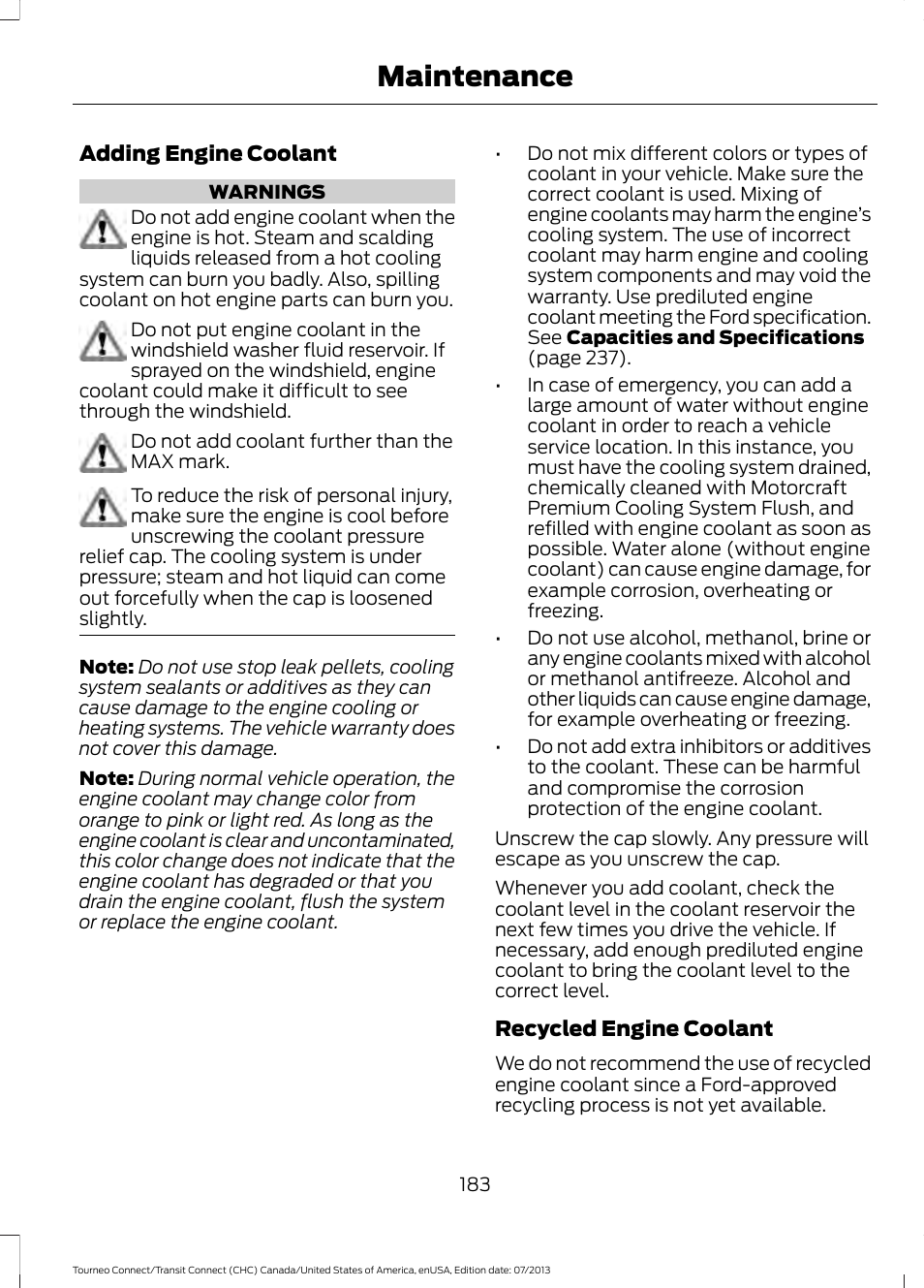 Maintenance | FORD 2014 Transit Connect v.3 User Manual | Page 186 / 411