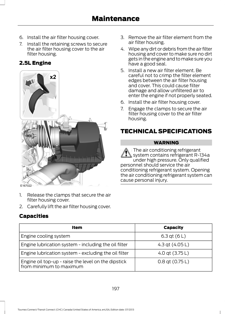 Technical specifications, Maintenance | FORD 2014 Transit Connect v.3 User Manual | Page 200 / 411