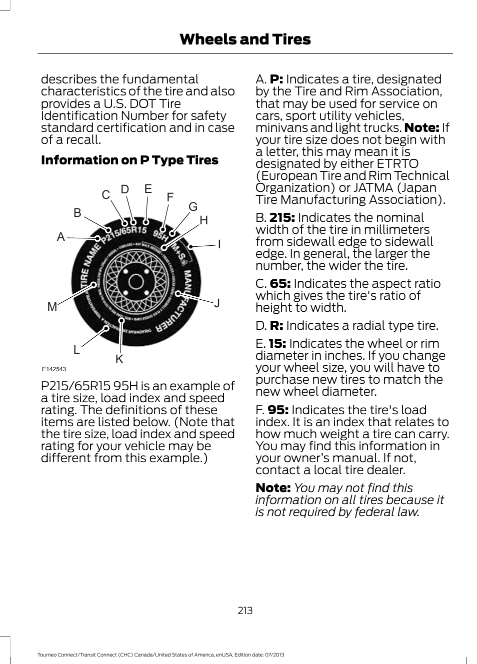 Wheels and tires | FORD 2014 Transit Connect v.3 User Manual | Page 216 / 411