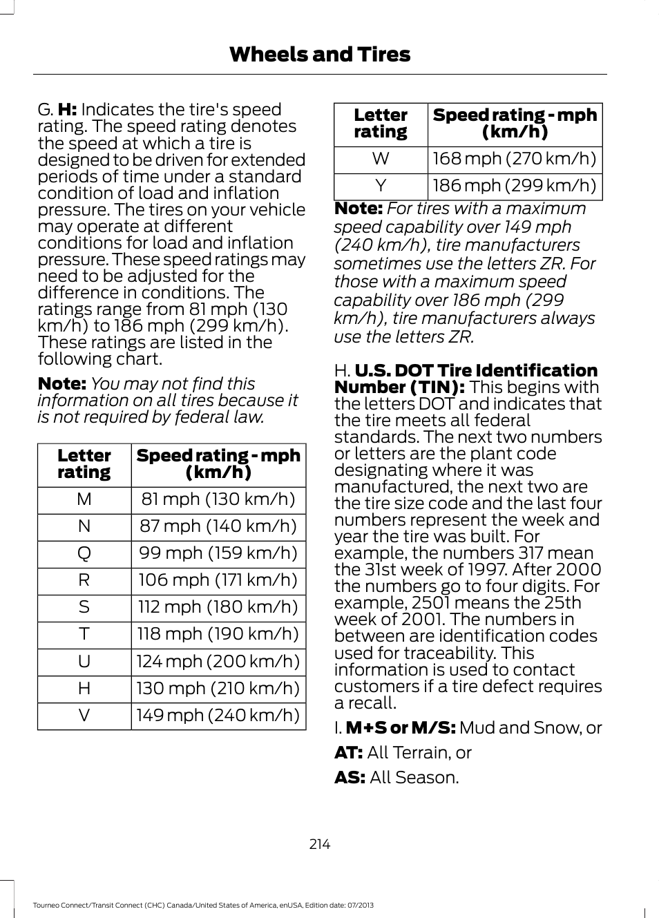 Wheels and tires | FORD 2014 Transit Connect v.3 User Manual | Page 217 / 411