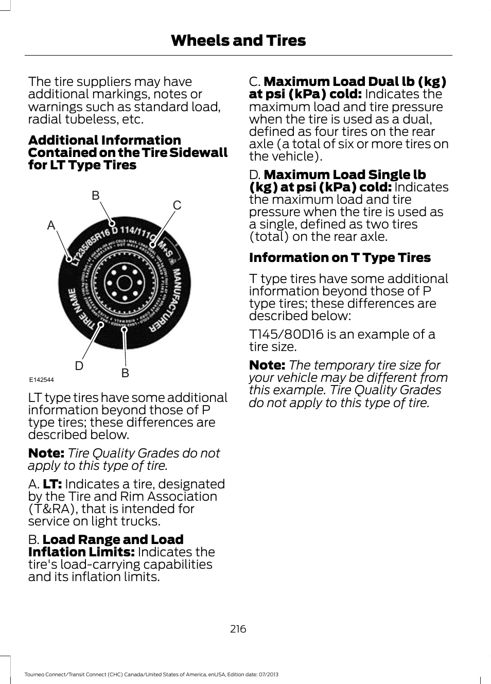 Wheels and tires | FORD 2014 Transit Connect v.3 User Manual | Page 219 / 411