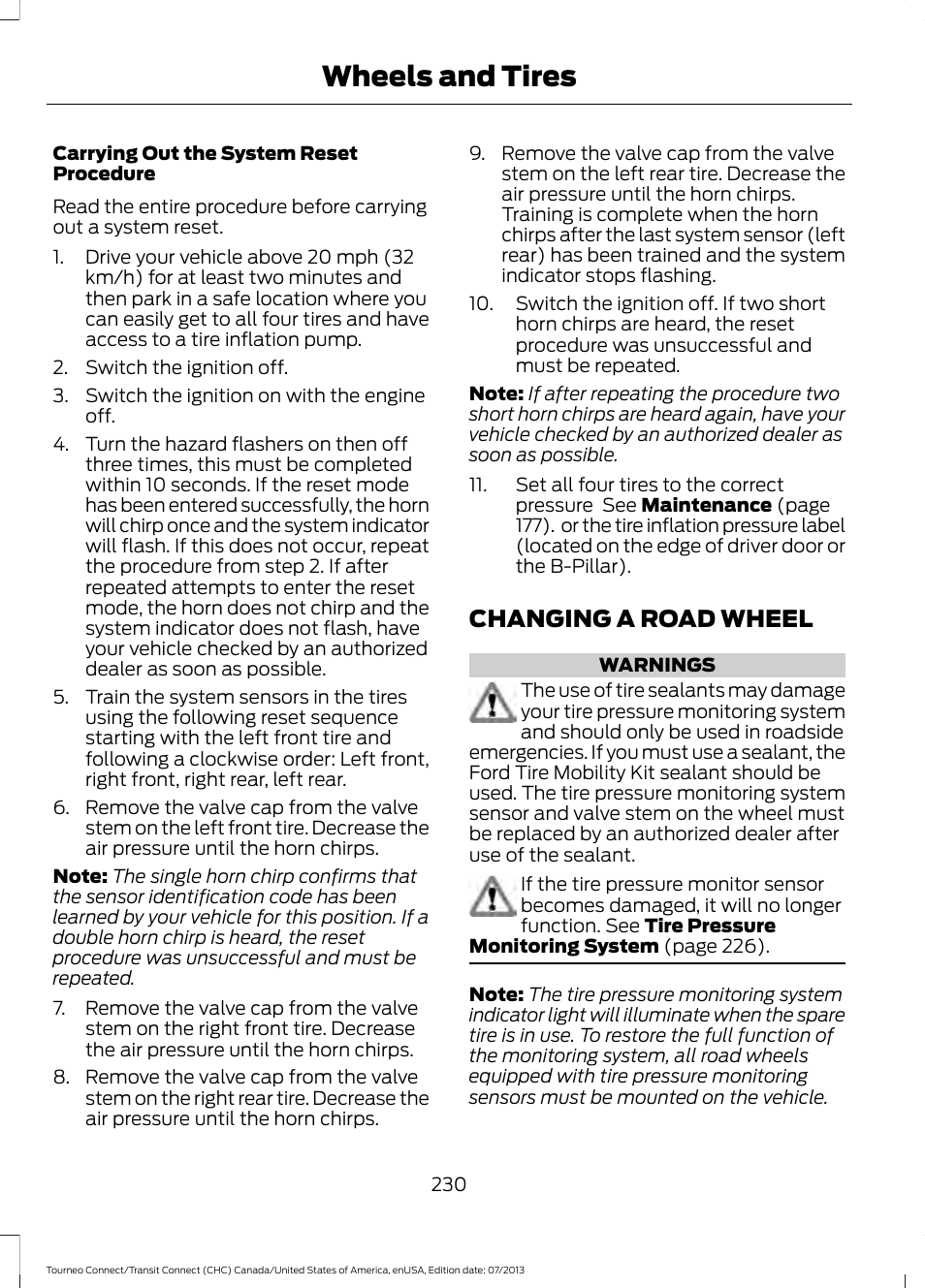 Changing a road wheel, Wheels and tires | FORD 2014 Transit Connect v.3 User Manual | Page 233 / 411