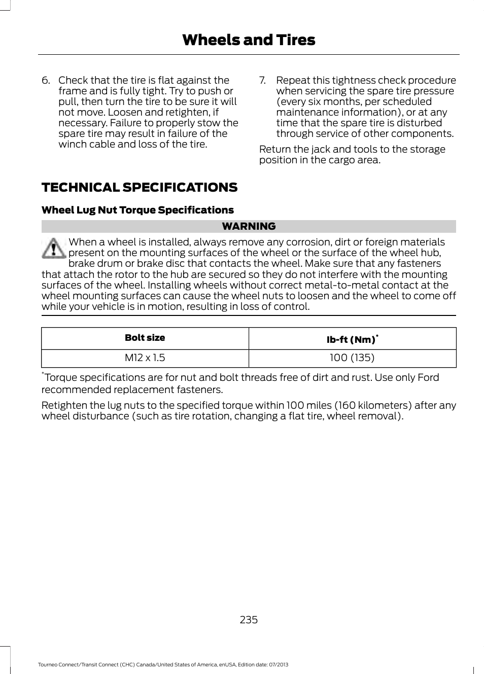 Technical specifications, Wheels and tires | FORD 2014 Transit Connect v.3 User Manual | Page 238 / 411