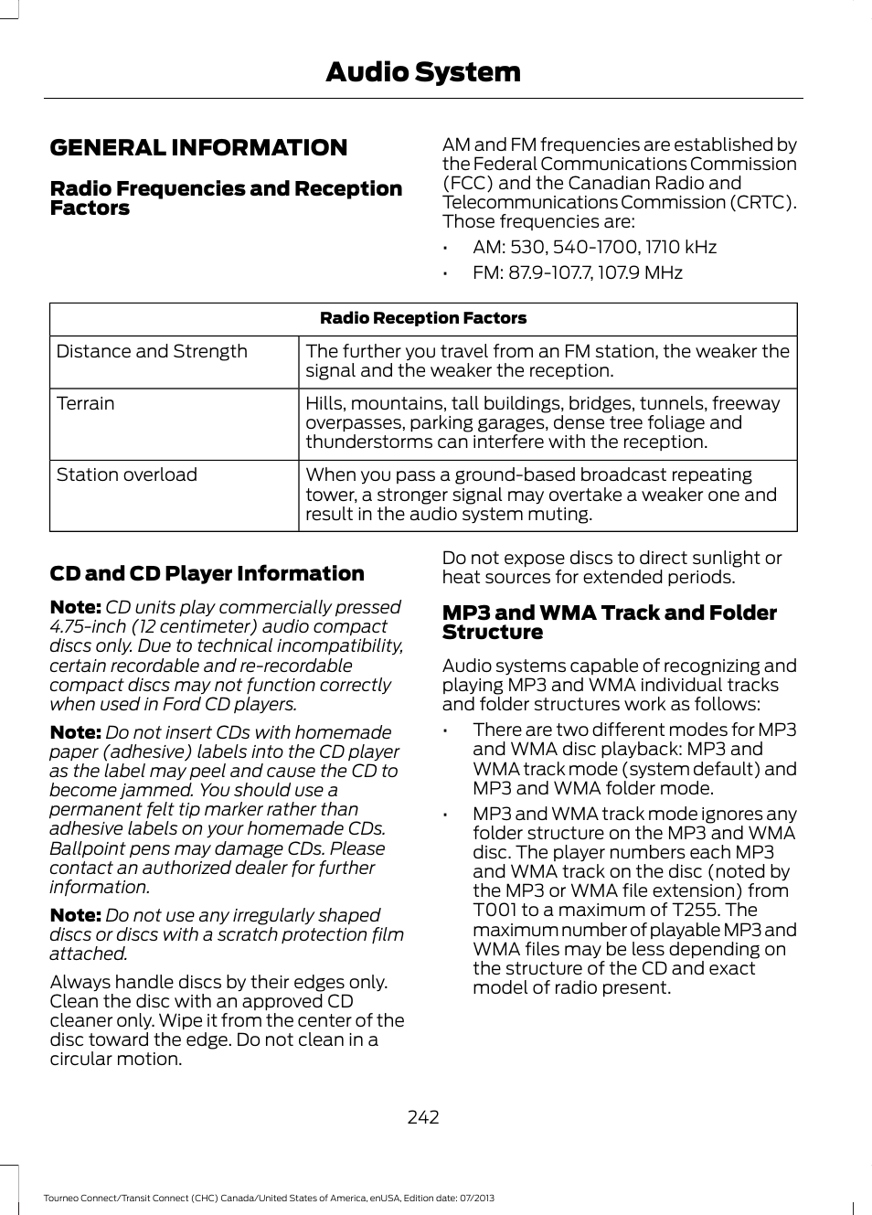 Audio system, General information | FORD 2014 Transit Connect v.3 User Manual | Page 245 / 411