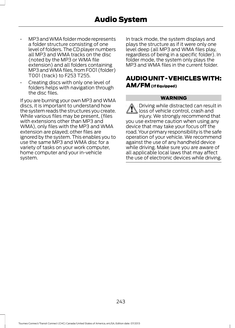Audio unit, Audio unit - vehicles with: am/fm, Audio system | FORD 2014 Transit Connect v.3 User Manual | Page 246 / 411