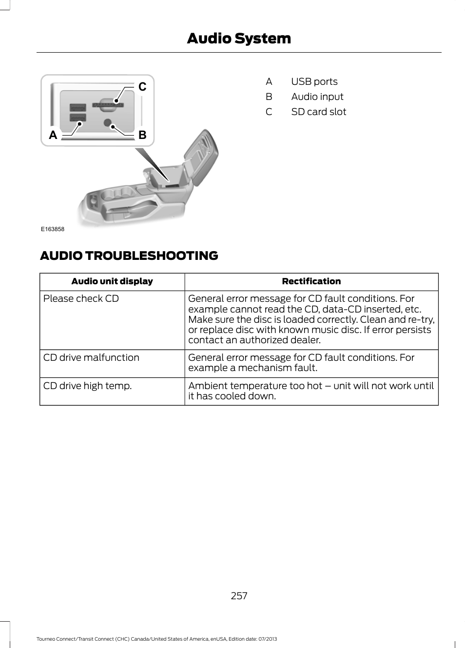 Audio troubleshooting, Audio system, Cb a | FORD 2014 Transit Connect v.3 User Manual | Page 260 / 411
