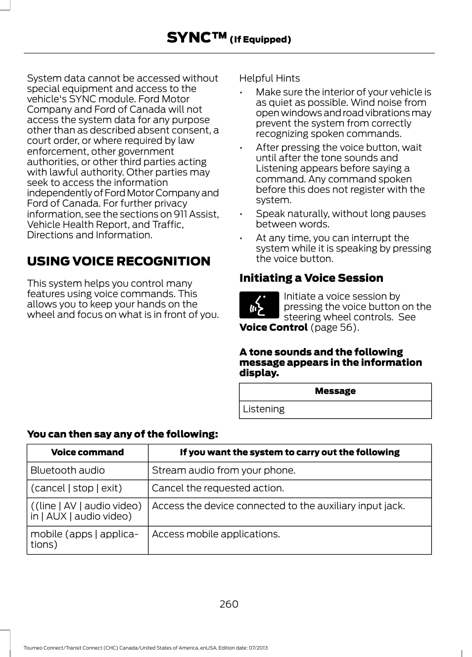 Using voice recognition, Sync | FORD 2014 Transit Connect v.3 User Manual | Page 263 / 411