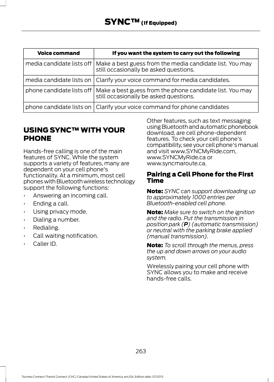 Using sync™ with your phone, Sync | FORD 2014 Transit Connect v.3 User Manual | Page 266 / 411