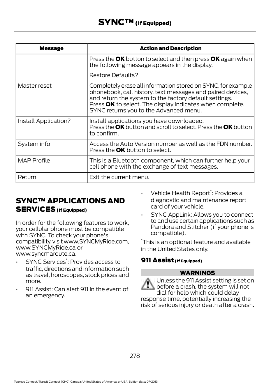 Sync™ applications and services, Sync | FORD 2014 Transit Connect v.3 User Manual | Page 281 / 411