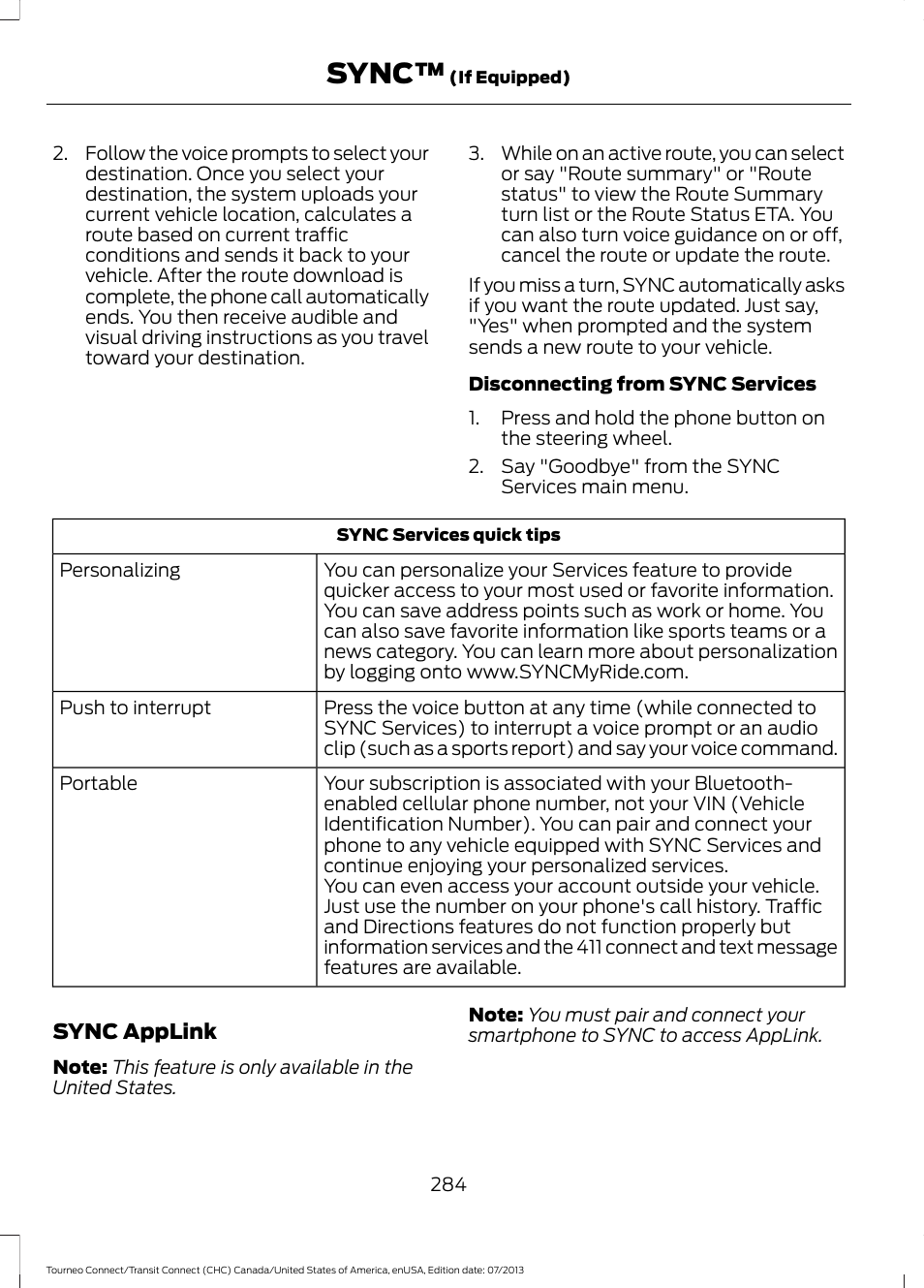 Sync | FORD 2014 Transit Connect v.3 User Manual | Page 287 / 411