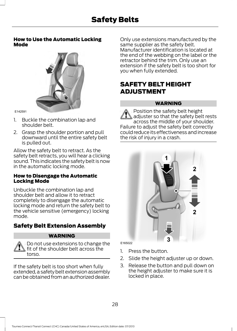 Safety belt height adjustment, Safety belts | FORD 2014 Transit Connect v.3 User Manual | Page 31 / 411