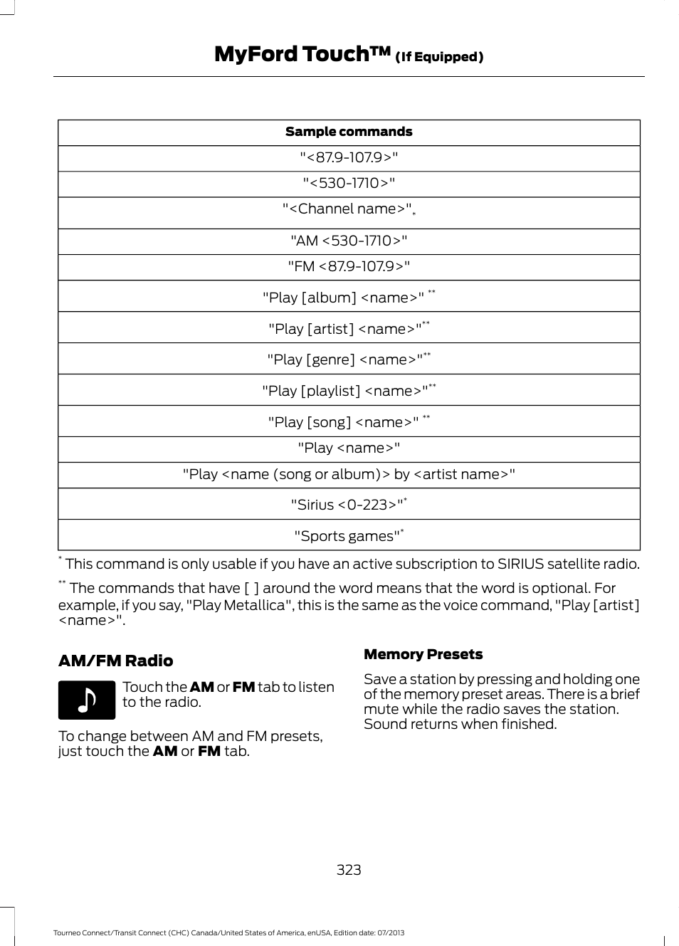 Myford touch, Am/fm radio | FORD 2014 Transit Connect v.3 User Manual | Page 326 / 411