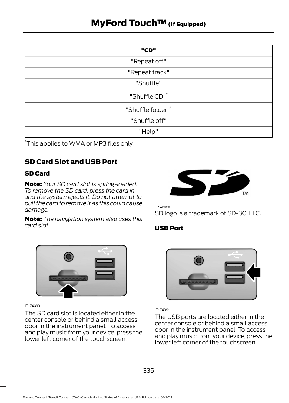 Myford touch, Sd card slot and usb port | FORD 2014 Transit Connect v.3 User Manual | Page 338 / 411