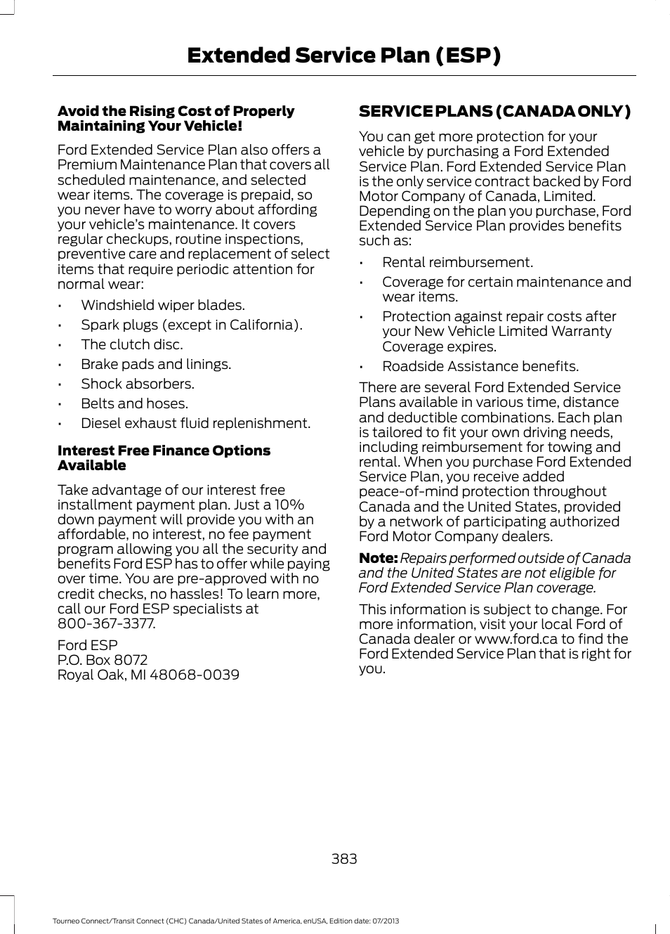 Extended service plan (esp) | FORD 2014 Transit Connect v.3 User Manual | Page 386 / 411