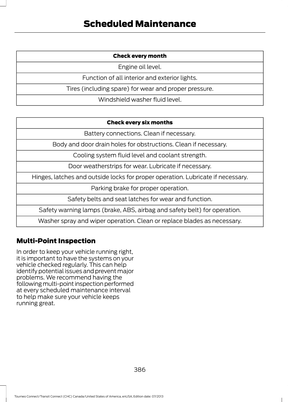 Scheduled maintenance | FORD 2014 Transit Connect v.3 User Manual | Page 389 / 411